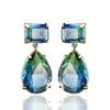 Two-Tier Square Emerald Cut & Water Drop Bi-Color Tourmaline Simulant Crystal Gold Dangle Earrings Banquet Accessories
