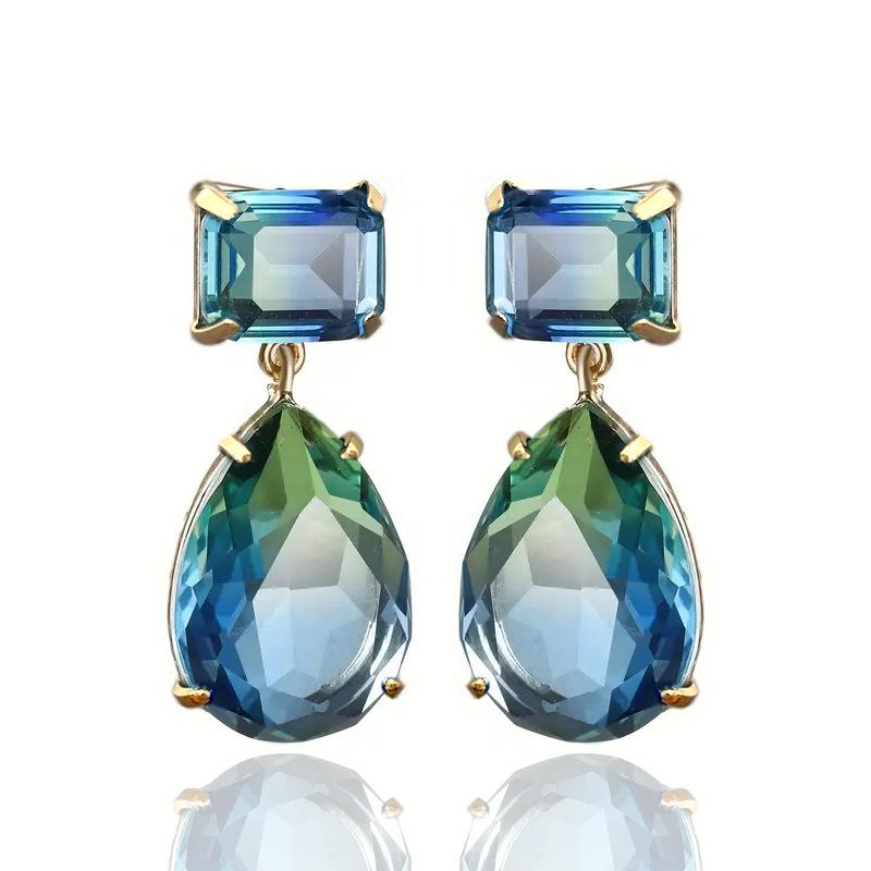 Two-Tier Square Emerald Cut & Water Drop Bi-Color Tourmaline Simulant Crystal Gold Dangle Earrings Banquet Accessories