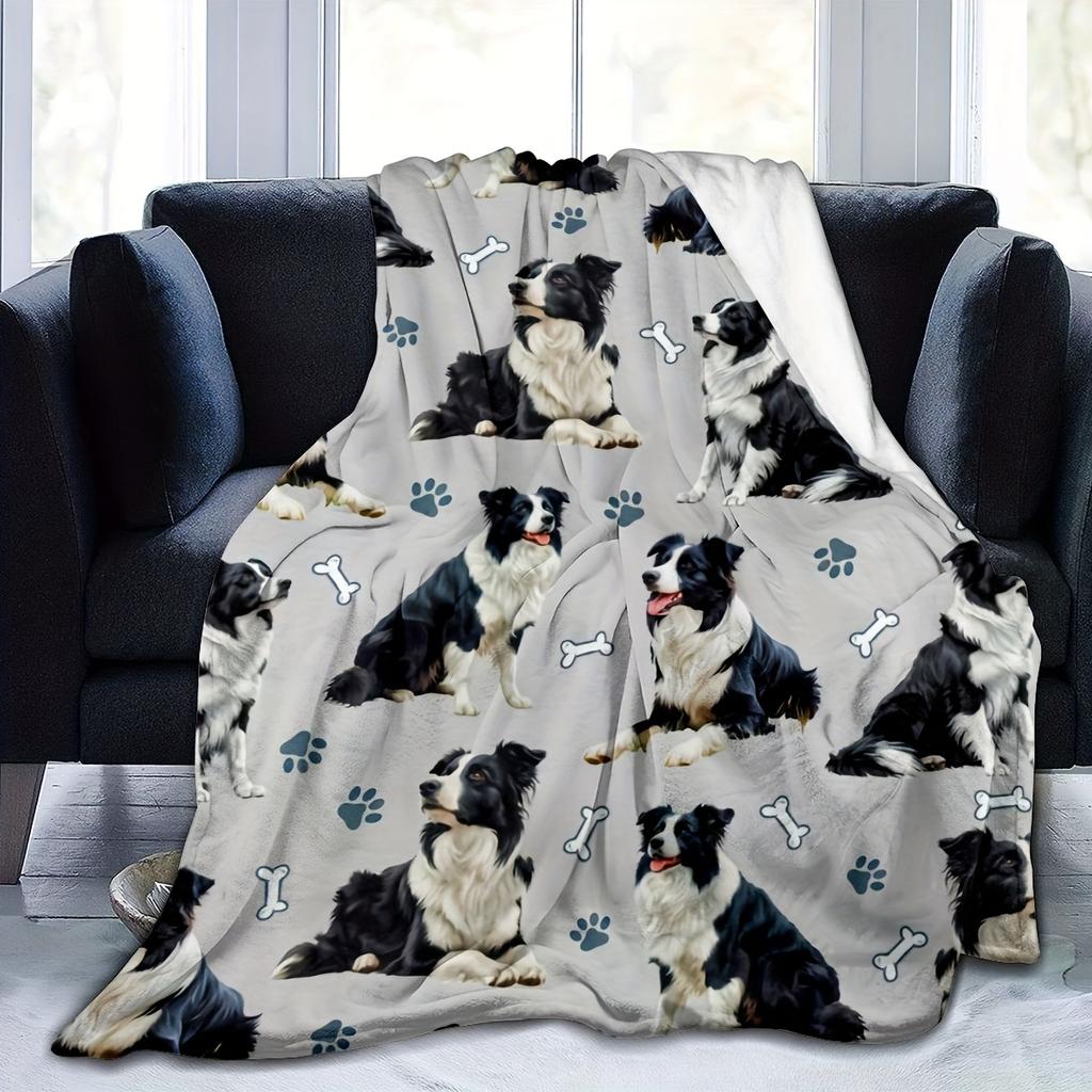 Cozy Border Collie Print Flannel Blanket Tear Resistant All Season Warm Throw for Pet Lovers Home Office Decor