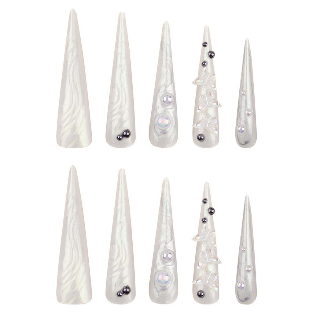 Aurora 3D Butterfly Pointed Beauty Nails - Long Wearable Pearl Nude Glitter with Rhinestones