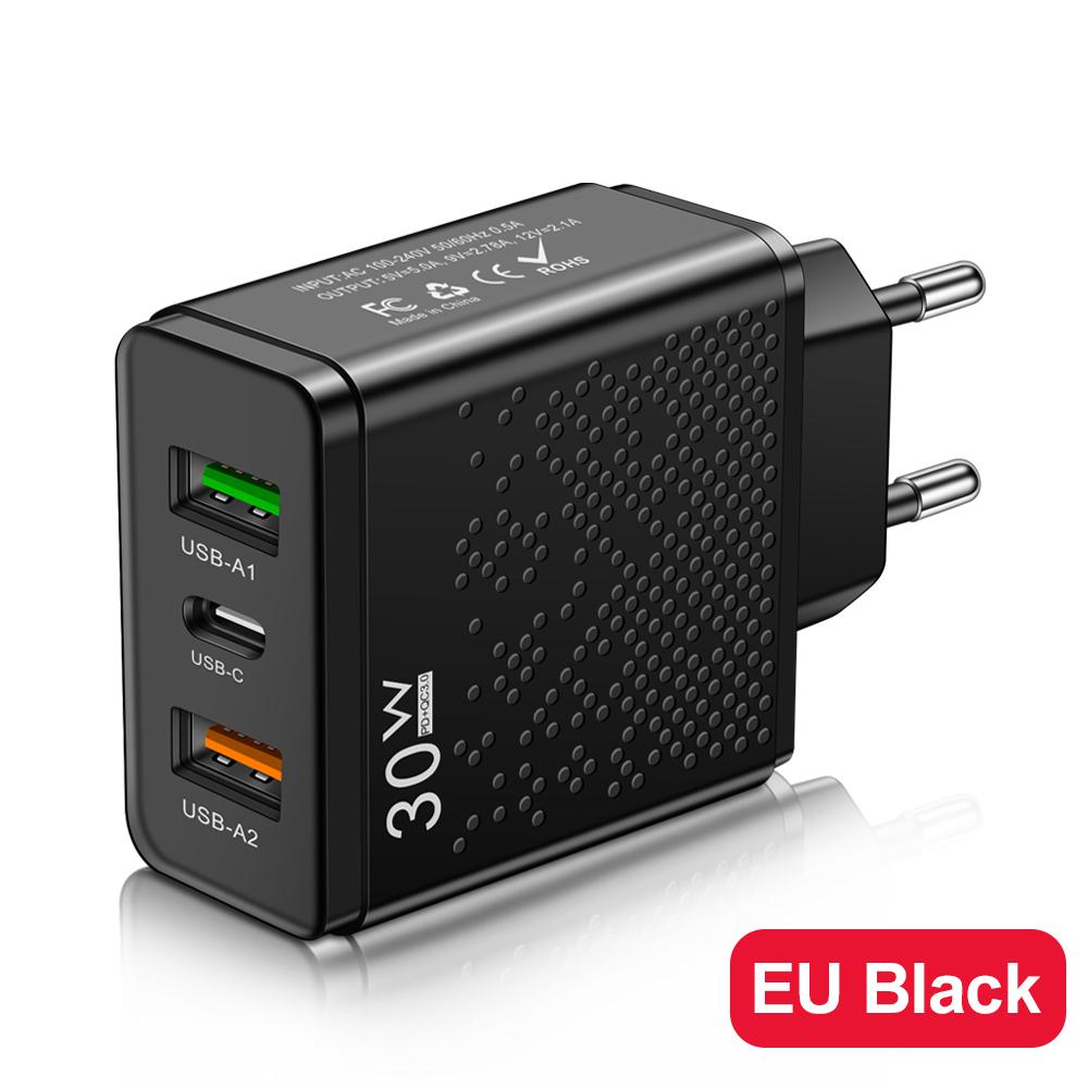 3 Ports USB Charger Fast PD Charging EU US UK Plug Adapter for iPhone Samsung Xiaomi Travel Mobile Phone USB Type C Wall Charger