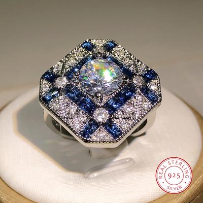 Copper Luxury Geometry Big Rings For Men Women Blue White Zircon Engagement Ring Birthstone Sapphire Ring