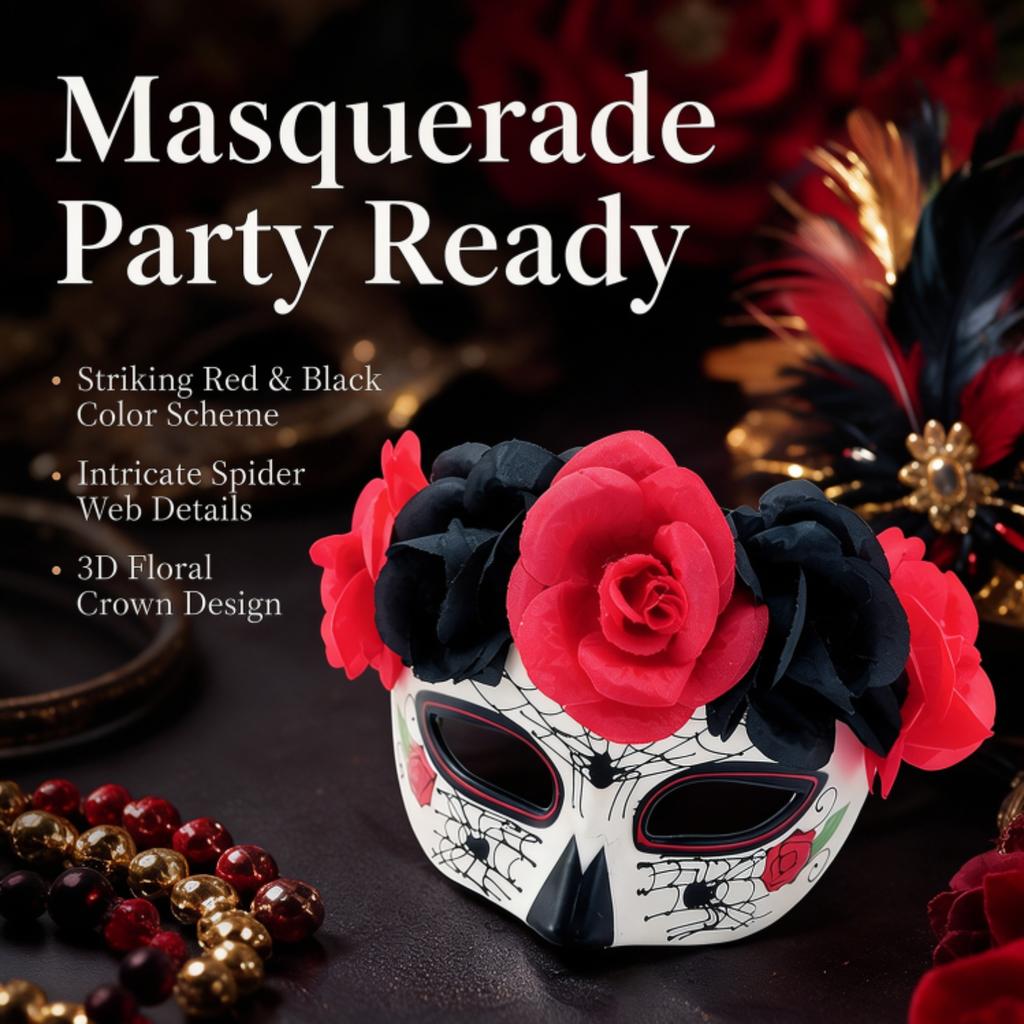 Women's Half Face Mask with Flowers Day of the Dead Party Role Playing Props 1 Pack White/Black/Red