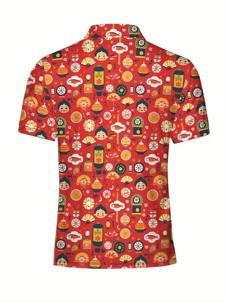 Men'S Short-Sleeve Polo Shirt with Flat Digital Print Pattern - No Texture