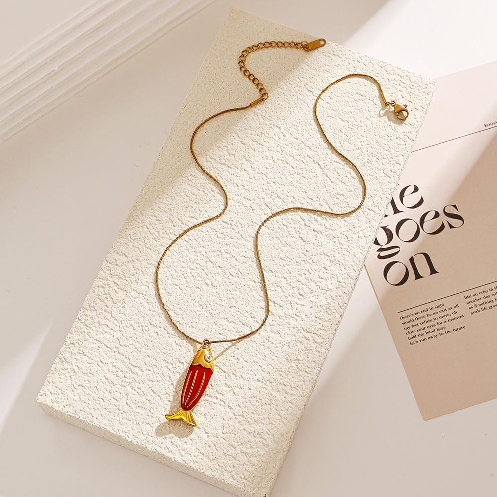 Waterproof Red Enamel Fish Pendant Necklace in Stainless and Titanium Steel with 18K Gold Plating