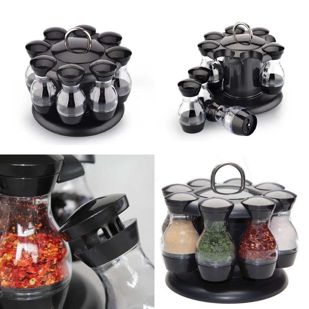 Modern Rotatable Spice Organizer With Black Material For Home Kitchen And Gourmet Cooking