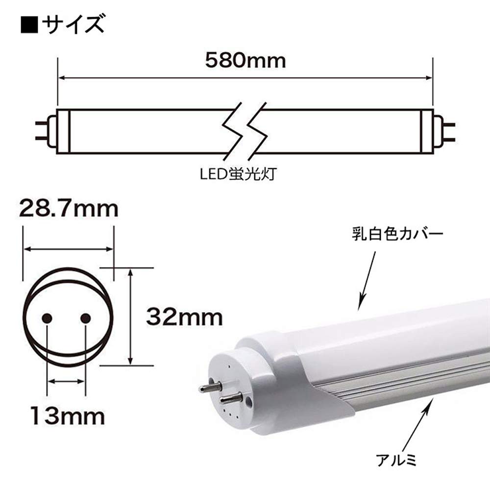 LED Fluorescent Tube, 20W Equivalent, Straight Tube, 10W High Brightness, 58cm Length, 1100LM, 580mm Diameter, Daylight White, No Glow-Type