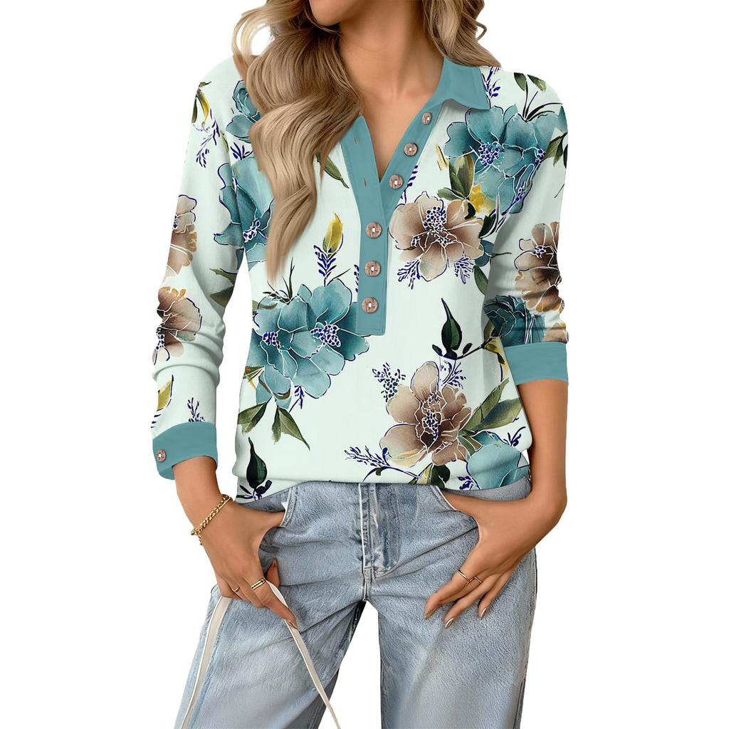 Women's Retro Street Lazy V,neck Long Sleeve Button Floral Print Pullover Top