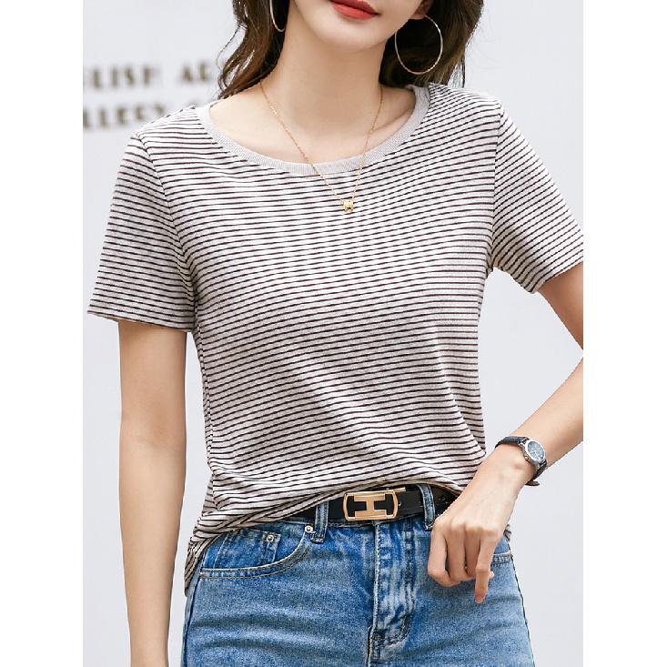 Women'S Striped T-Shirt Elegant Slim O-Neck Short Sleeve Cotton Top Loose Fit Office Casual Knitted Summer Women'S Tee Shirt