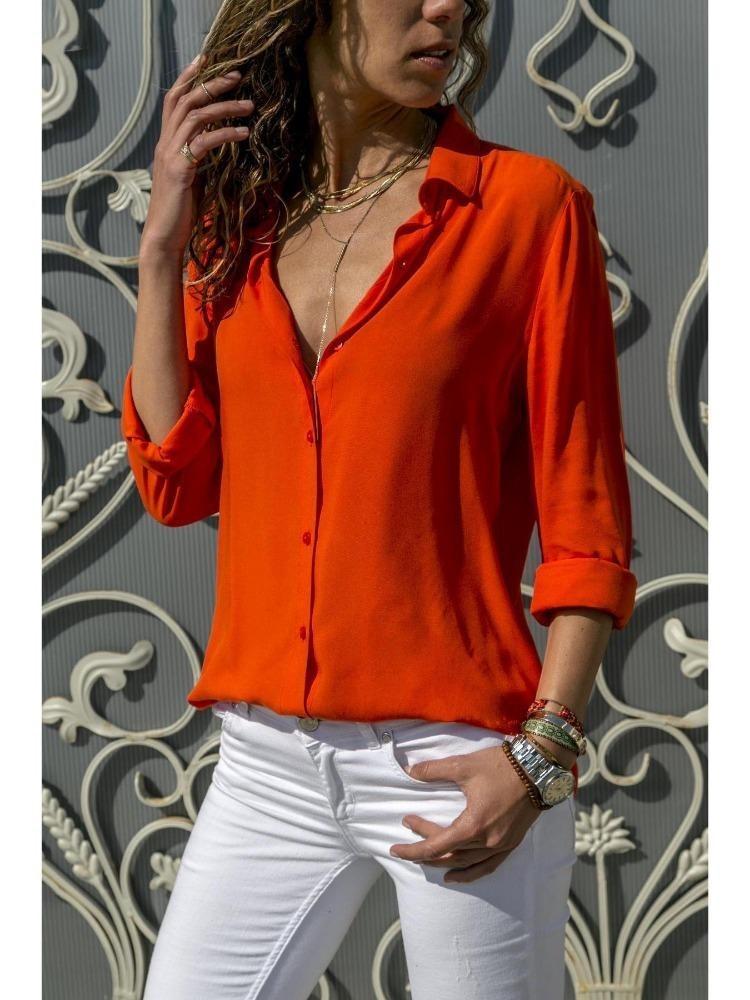 Autumn Winter Fashion Womens Chiffon Shirt Long Sleeves Deep V Neck