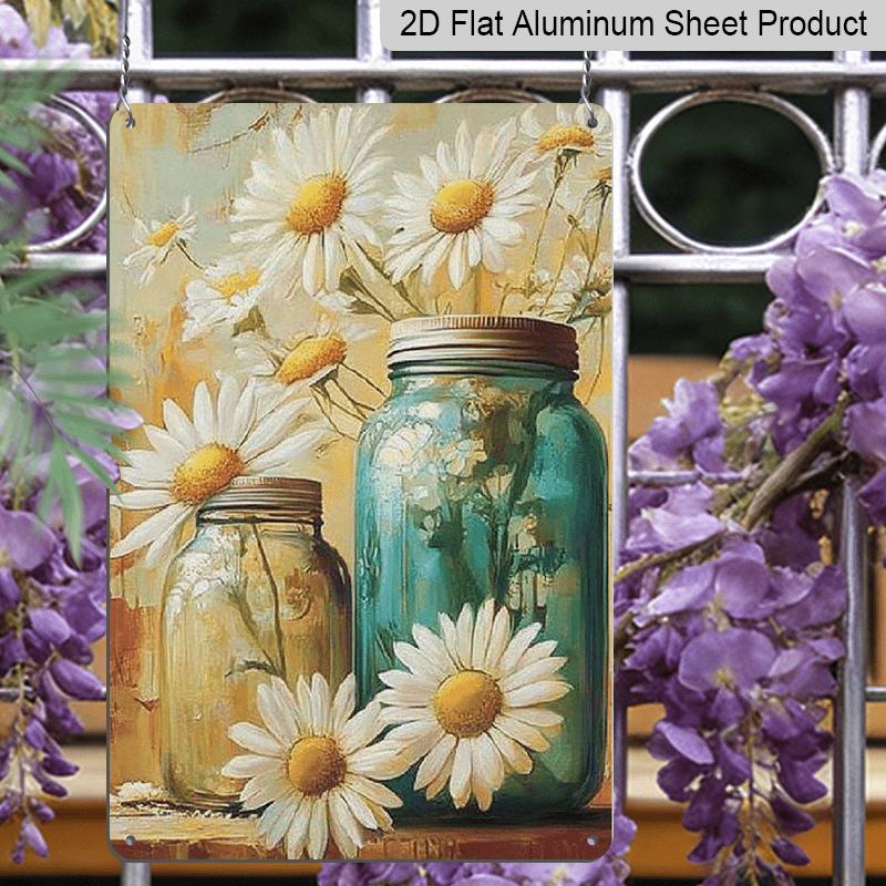 2D Flat Rustic Vintage Daisy Flowers Metal Tin Sign in Mason Jar, 8x12 Inches – Farmhouse Wall Art for Kitchen, Pantry, Living Room, Perfect for