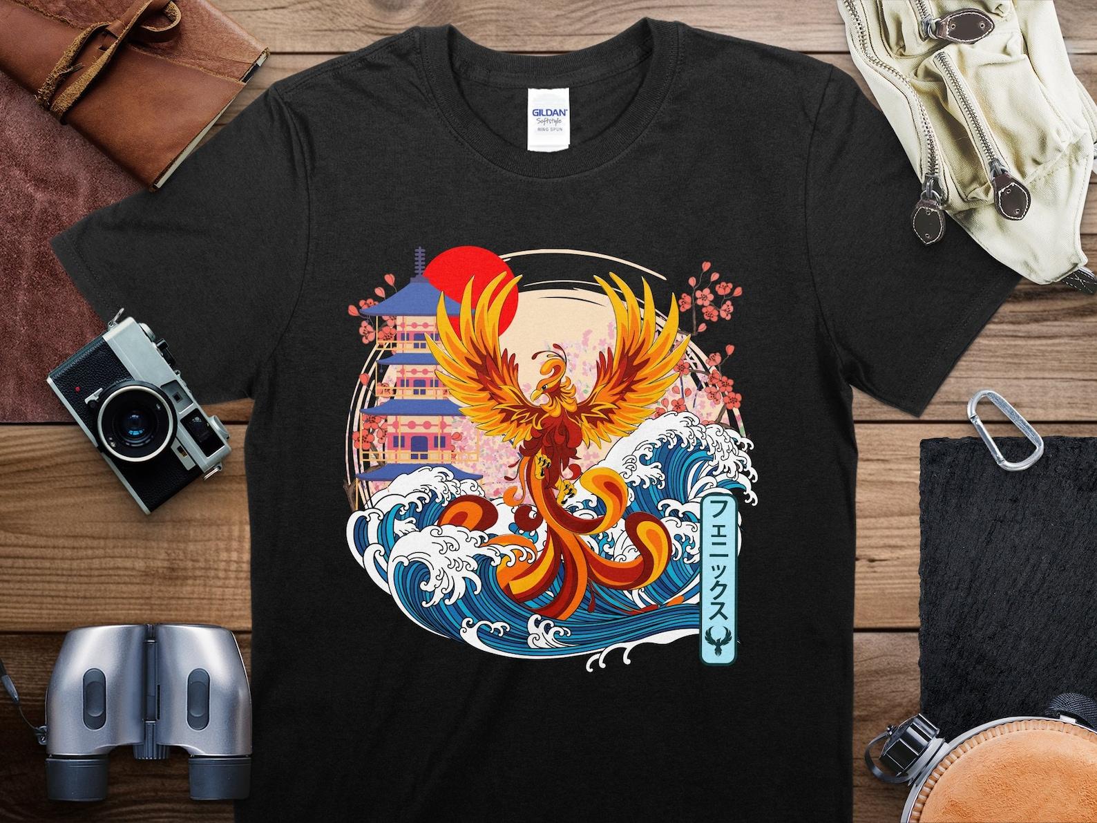 Japanese Phoenix Art T-Shirt, Vibrant Mythical Bird with Cherry Blossoms S