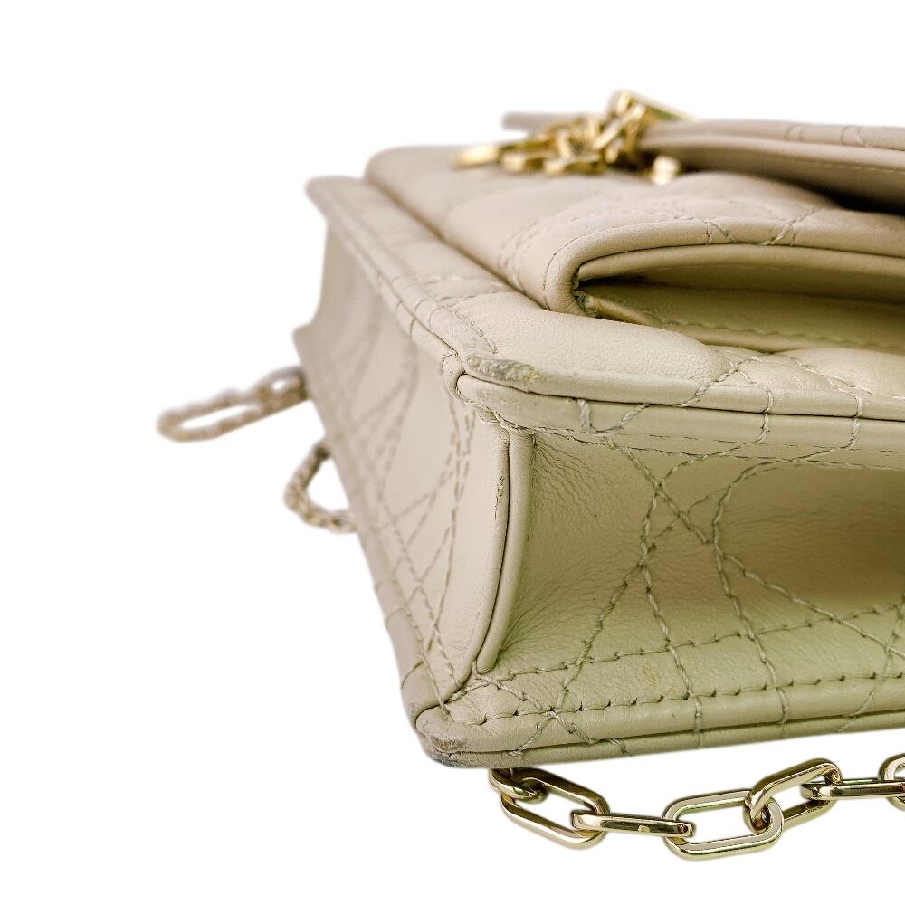 Christian Dior Logo Leather Lady Dior Wallet Chain Beige Leather Used