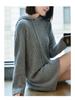Women's Hooded Mid-Length Wool Sweater Dress, Loose-Fitting Knitted Outerwear, Solid Color, Long-Sleeved