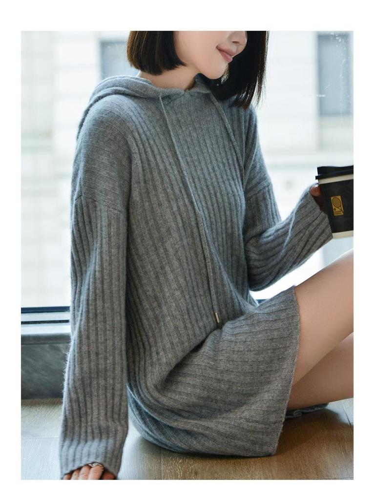 Women's Hooded Mid-Length Wool Sweater Dress, Loose-Fitting Knitted Outerwear, Solid Color, Long-Sleeved