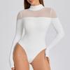 Sexy Mesh Patchwork Slim-Fit Bodysuit with High Neck and Long Sleeves