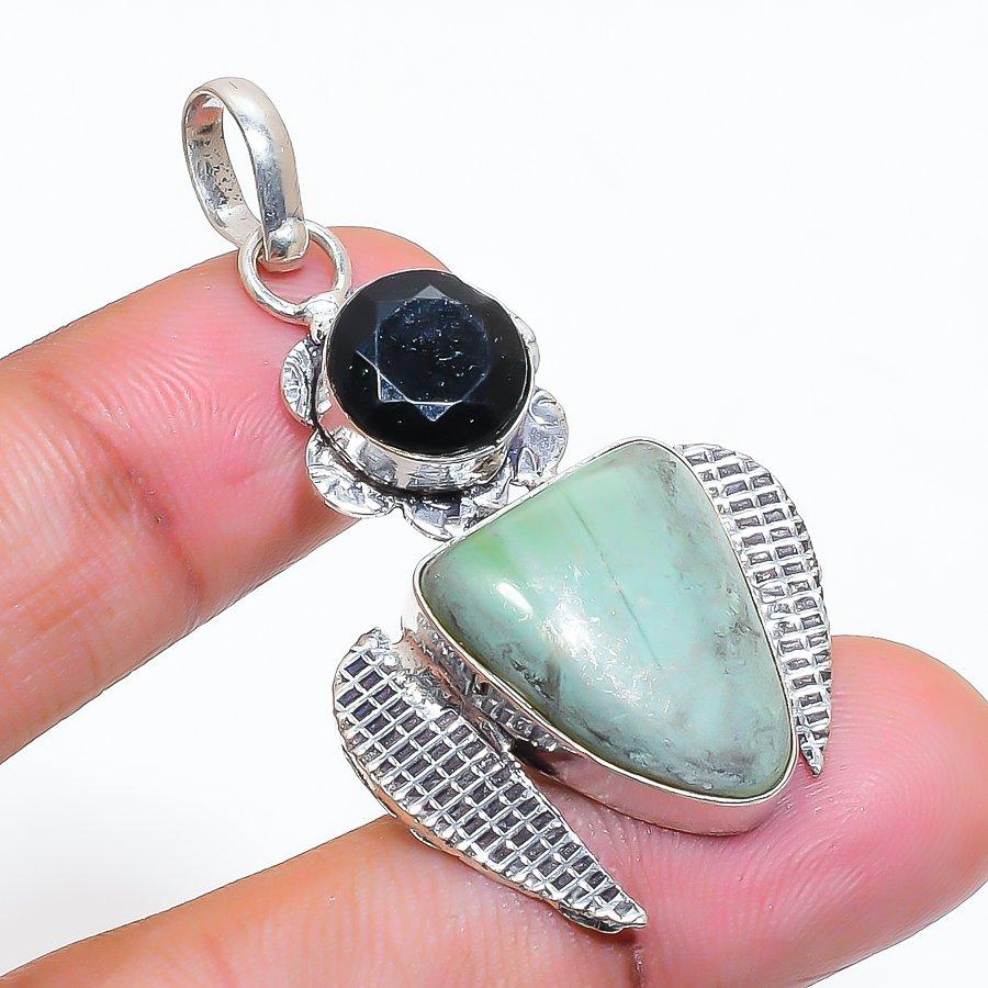 Natürlicher Chrysopras, Spinell 925 Sterlingsilber Schmuck Anhänger 1,97" ZS-531