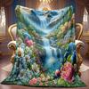A Cozy Fleece Blanket Featuring a Landscape Waterfall Floral Design, Soft High-Definition Digital Printing, Perfect for Cooling, Suitable for Year-Rou