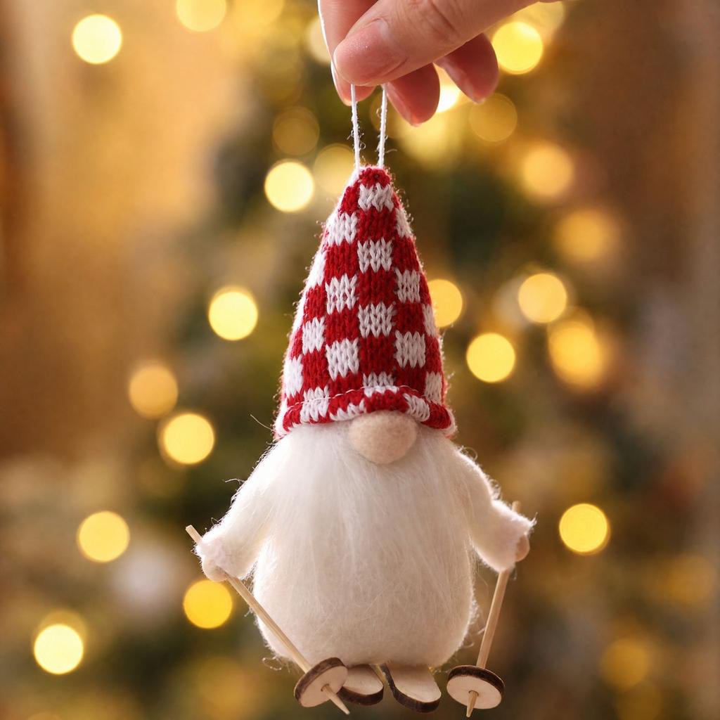 Christmas Ski Doll Wooden Hanging Ornament Knitted Fabric Christmas Tree Decoration