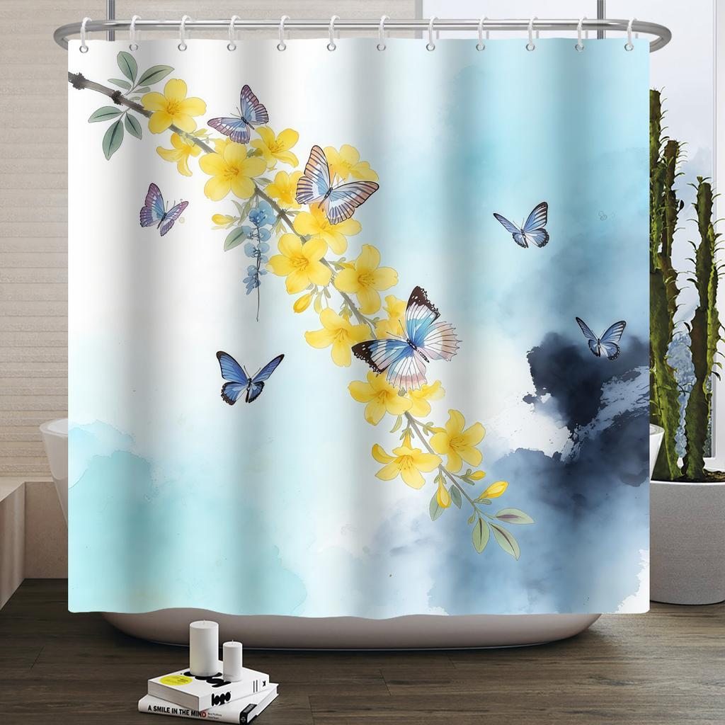 Fashion Modern Plant Shower Curtain Colorful Butterfly Flowers Shower Curtains Bathroom Decor Waterproof With 12 Hooks Curtains