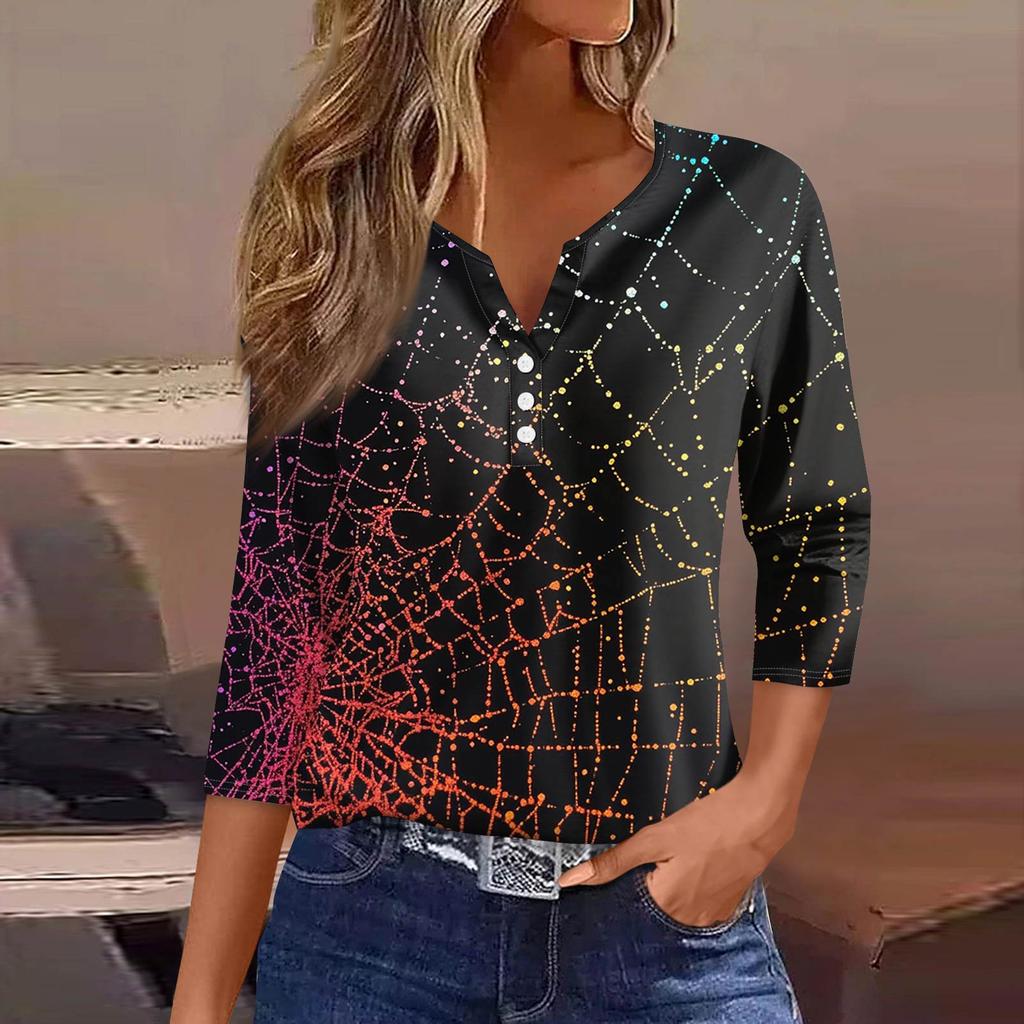 Damenmode Lässiges T-Shirt V-Ausschnitt Sieben Ärmel Bedrucktes Knopfoberteil