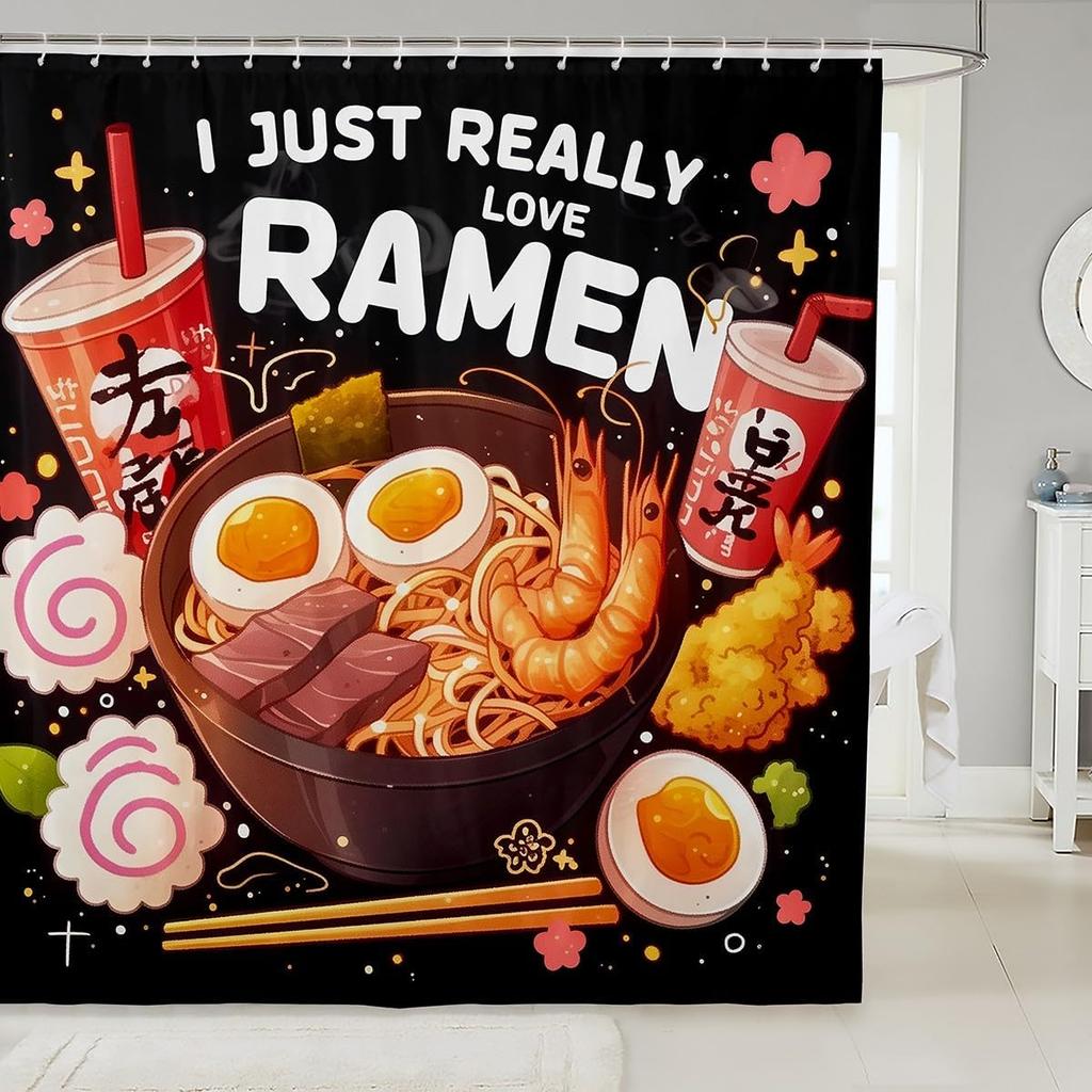Ramen Noodle Shower Curtain Set Bathroom Decor for Kids Girls Boys,Japanese Style Bathroom Set Funny Food Fabric Shower Curtain