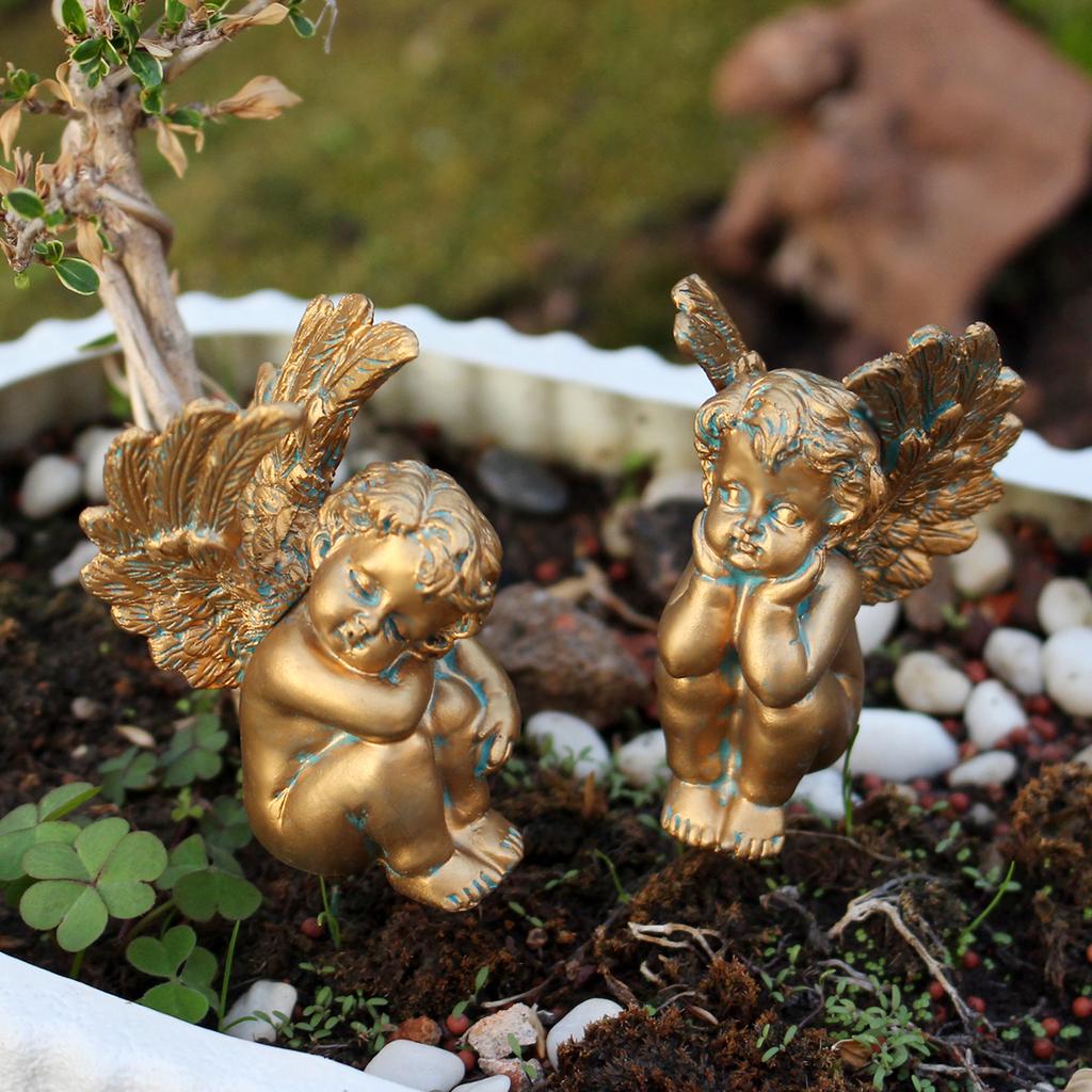 2 Goldene Denkende Engel, Kreative Gartendekoration-Stecker, Bonsai-Statue