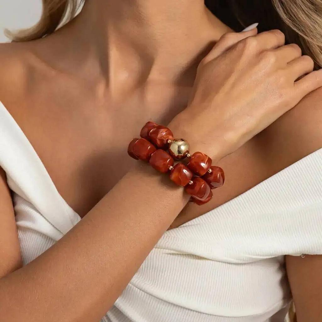 KunJoe Exaggerated Geometric Colorful Beaded Acrylic Elastic Bracelets Women Boho Trendy Square Beads Stack Bangle Retro Jewelry