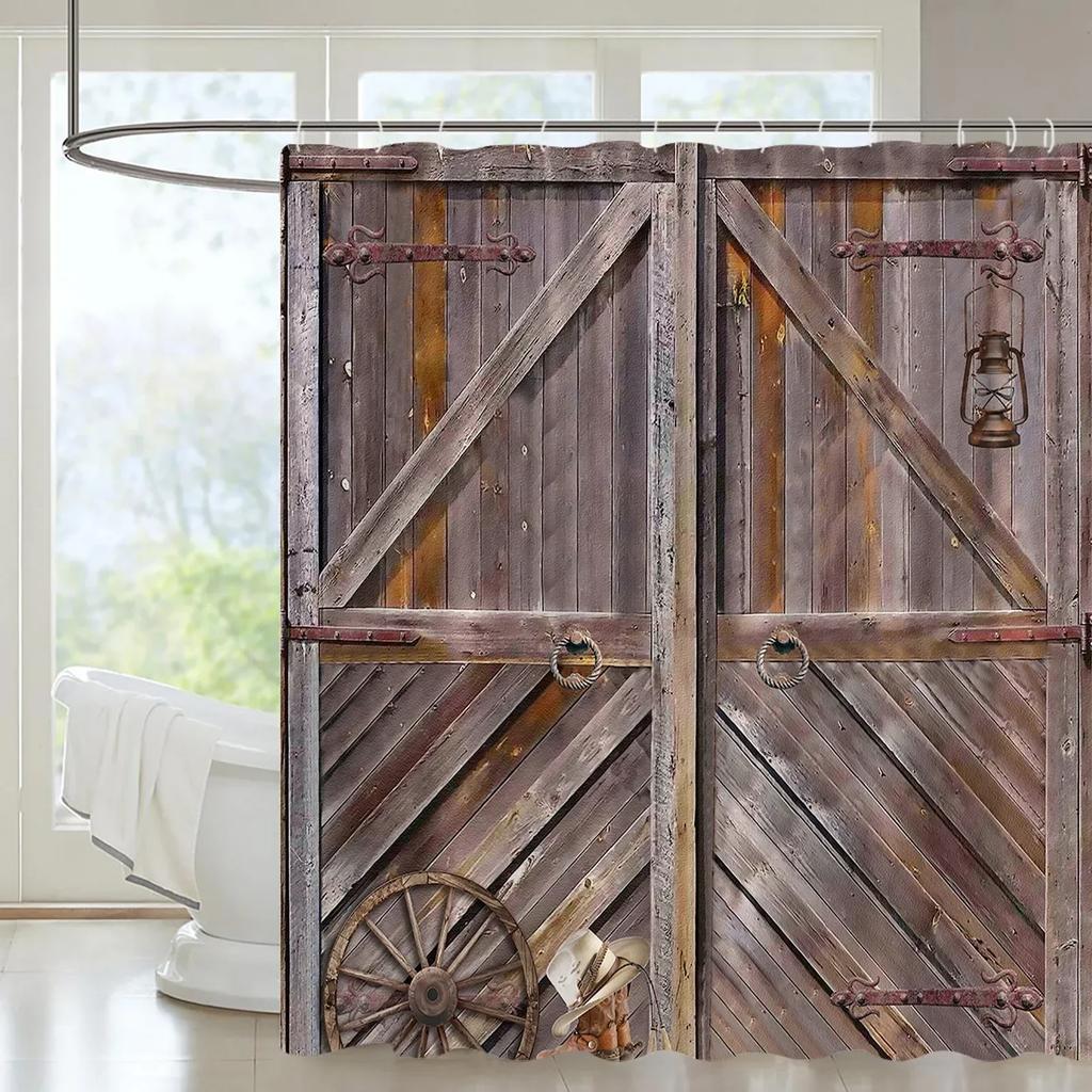 Rustic Wooden Barn Door Decor Shower Curtain For Bathroom Western Country Theme Vintage Rural Farm House Door Bath Curtains Set