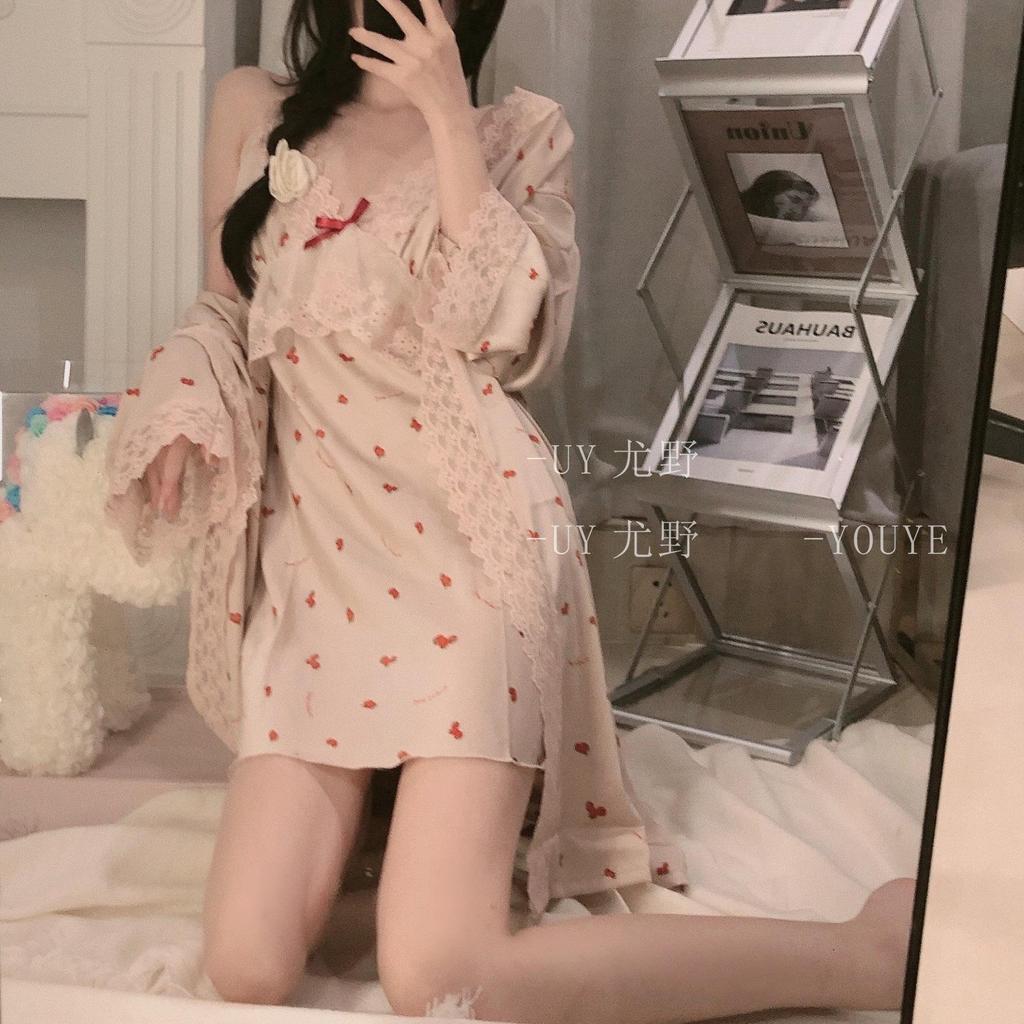 Sexy Pajamas Women Ice Ribbon Chest Pad Strawberry Girl Lace Printed Pajamas Suspender Two-piece Set Women