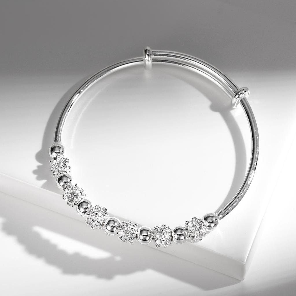 Zhaocai Six Flowers White Copper Plated Silver Bracelet for Women's Transport Flower Push Pull Bracelet Silver Jewelry Birthday Gift