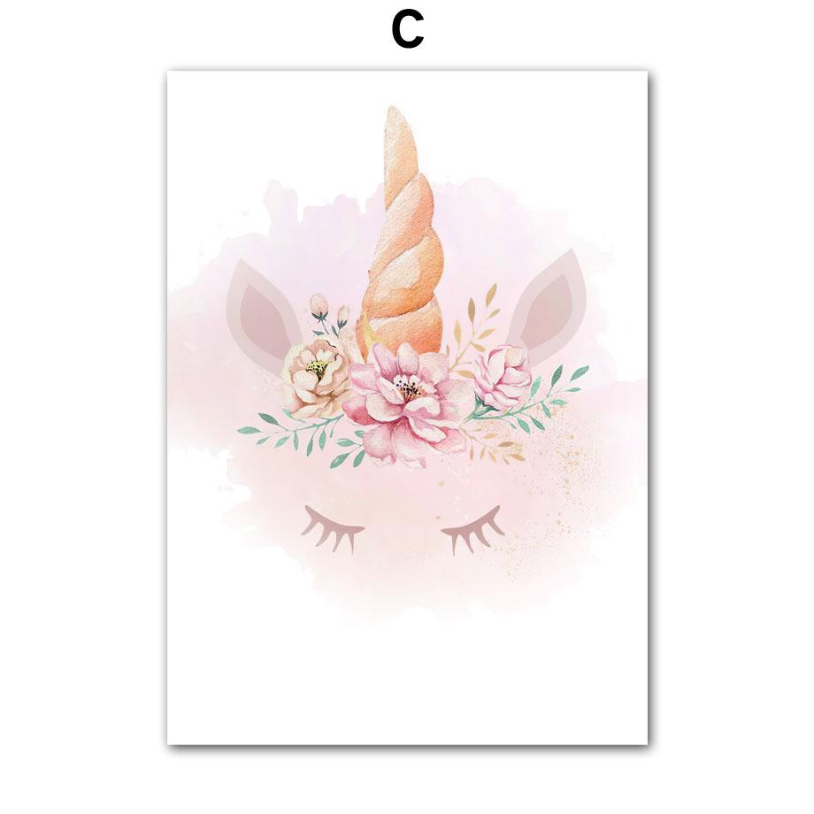 

Pink Unicorn Rabbit Moon Rainbow Cloud Flower Wall Art Canvas Painting Nursery Posters And Prints Pictures Girl Kids Room Decor 13X18 cm No Framed