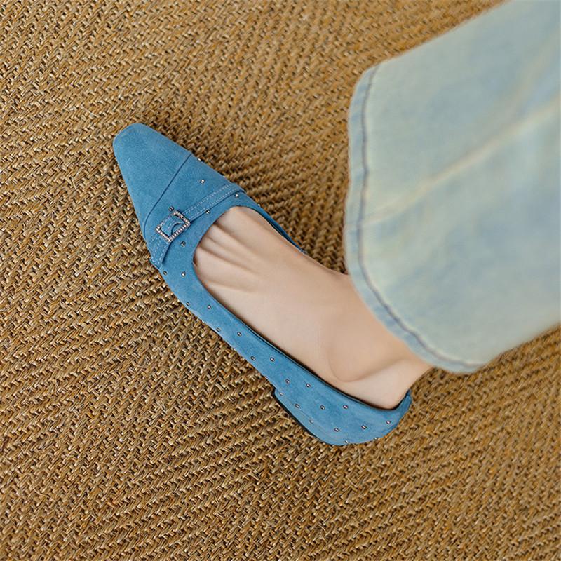 Mode Neue Frühling/Sommer Schafveloursleder Damen Pumps Schuhe für Damen Mode Nieten Eckige Zehen Loafers Schuhe Damen Niedrige Absätze Damenschuhe