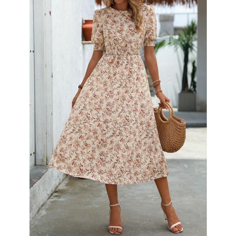 Women Floral Print Midi Dress With Puff Sleeves And Smocked Waist