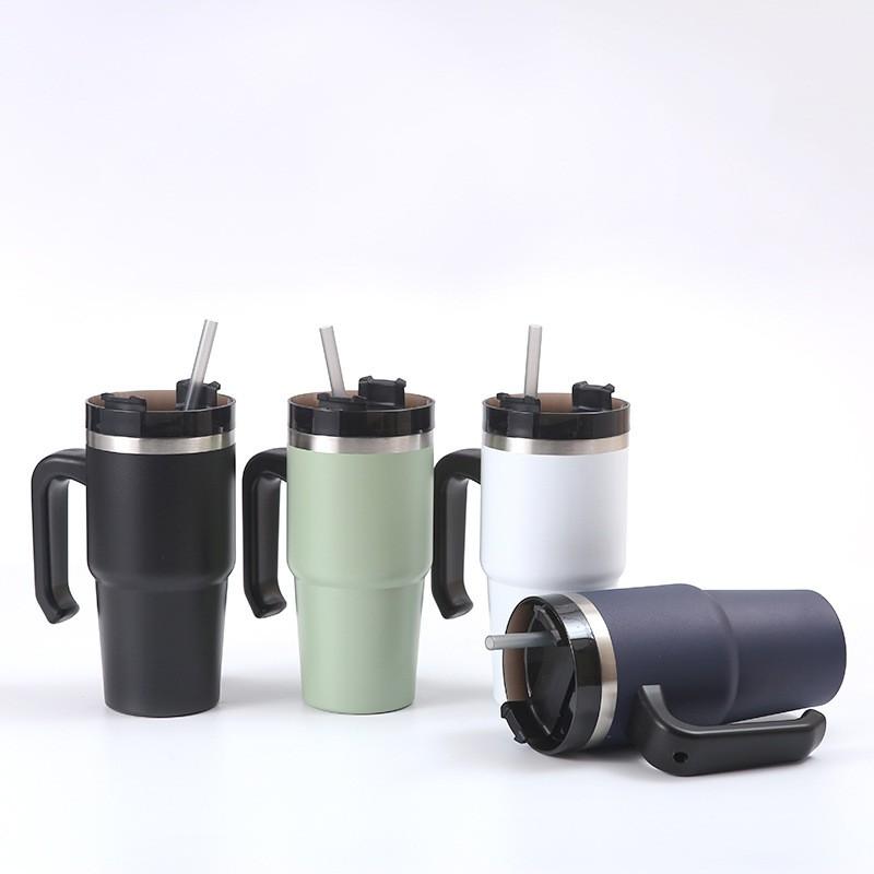Stainless Steel Vacuum Insulated Travel Mug With Handle Straw 20oz Double Wall Cold Retention Cup Car Office
