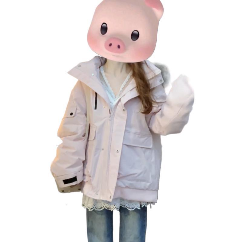 Fur collar hooded tooling cotton-padded jacket thickened small cotton-padded jacket women's autumn and winter 2024