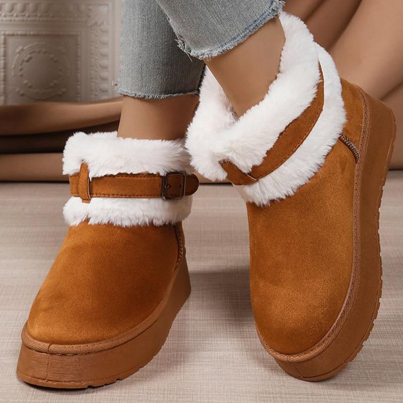 Fashion 2025 Winter Soft Faux Fur Snow Boots Woman Fashion Buckle Detor Platform Boots for Women Solid Color Casual Shoes Falts Female