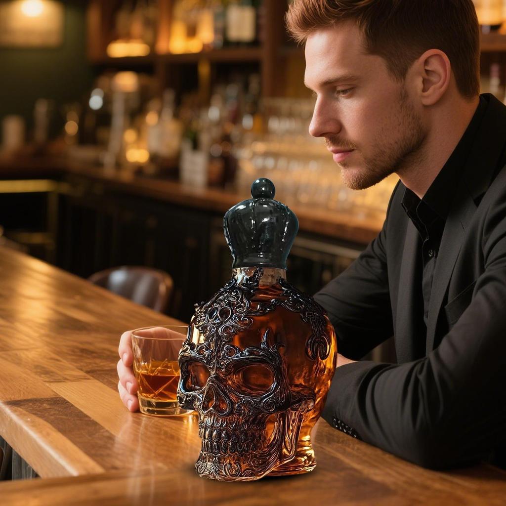 Whiskey Bottle Skull Decor Alcohol Dispenser Skeleton Whiskey Wine Bottle Sculpture for Bourbon Vodka Brandy Party Birthday