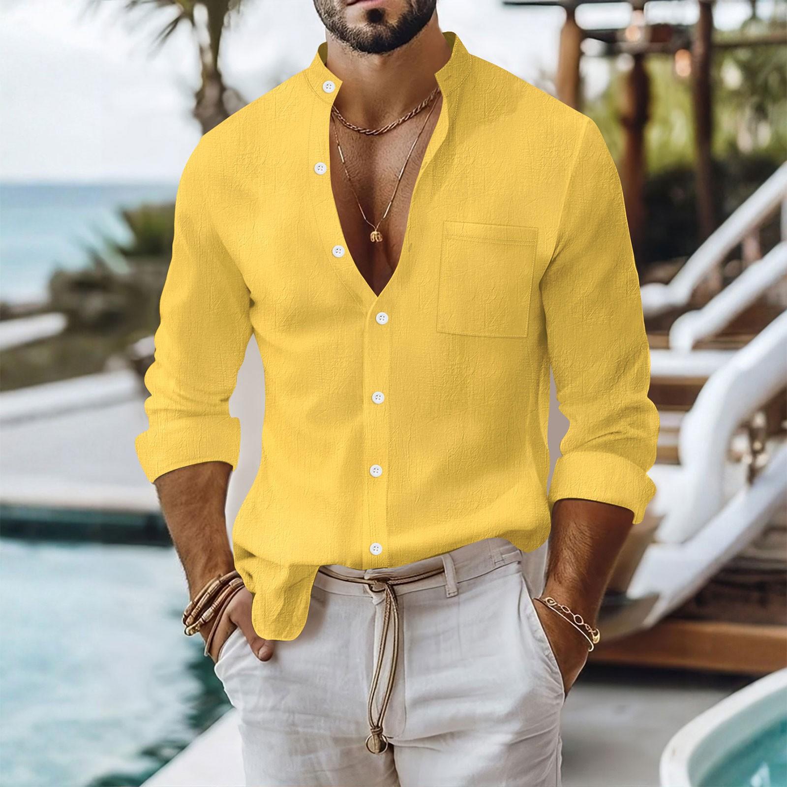 

Мужская приталенная повседневная деловая рубашка из хлопка и льна - однотонная, с карманом, воротником-стойкой, длинным рукавом, на пуговицах XL жёлтый