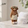 Niche Trendy Furnishings Highland Cow Figurine with Bathrobe, Resin Ornament, Cute Cartoon Animal Decor Statue for Home Desk Shelf & Cafe Window