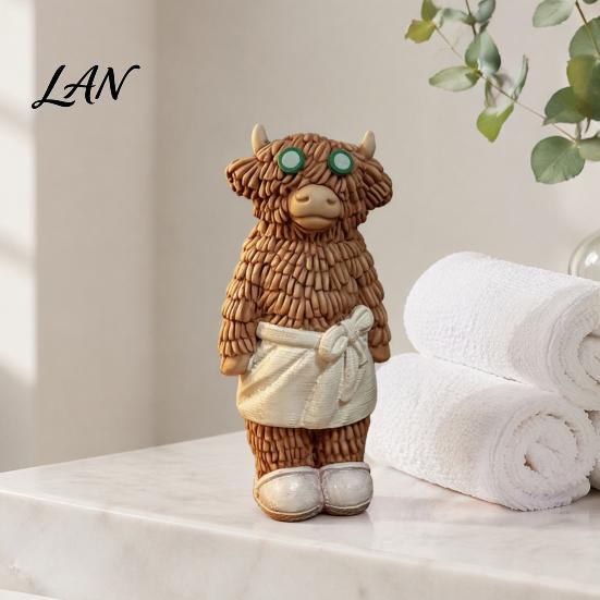 Niche Trendy Furnishings Highland Cow Figurine with Bathrobe, Resin Ornament, Cute Cartoon Animal Decor Statue for Home Desk Shelf & Cafe Window