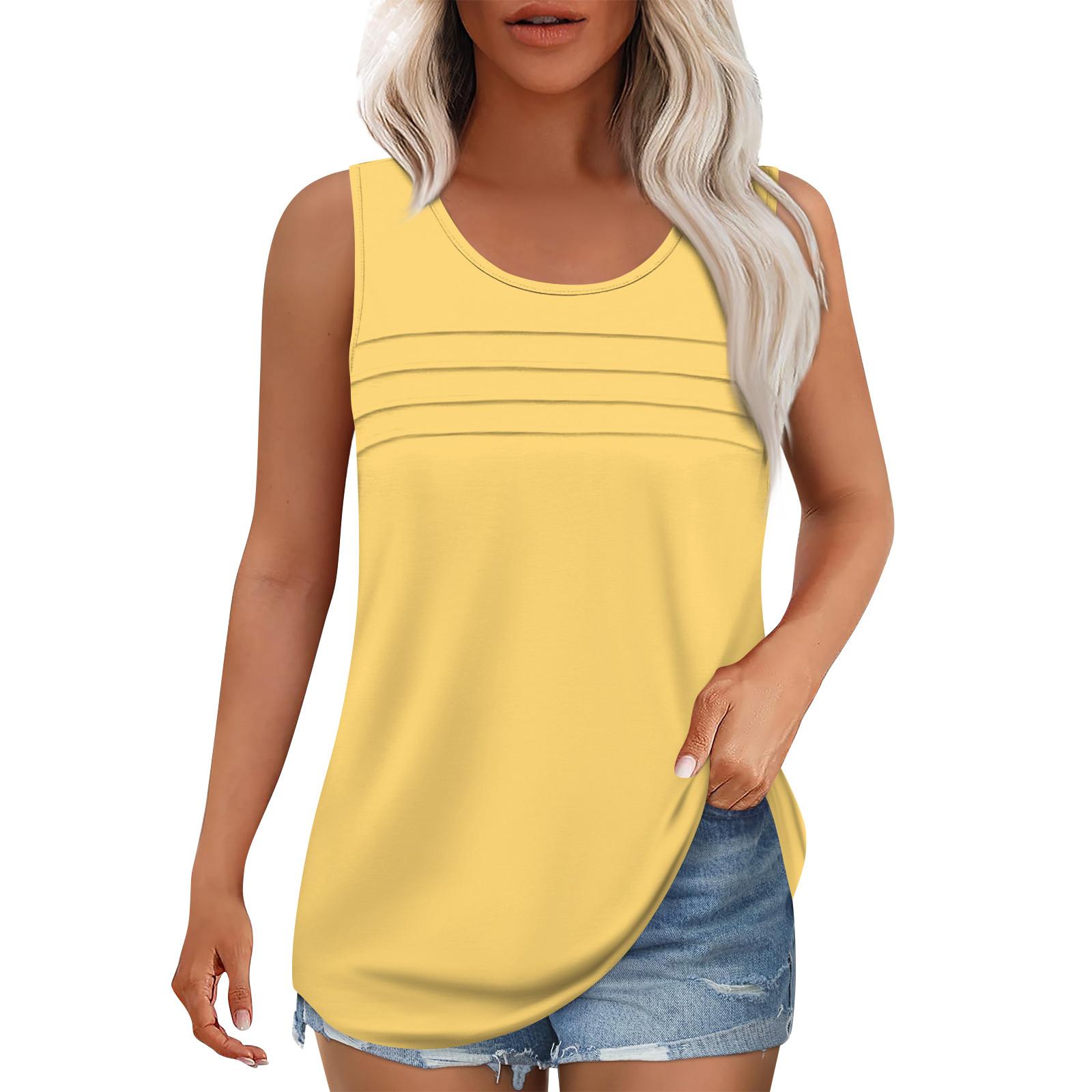 

Майка для женщин Летние наряды Блузки без рукавов Повседневные свободные рубашки Округлый вырез Складки спереди M золотой