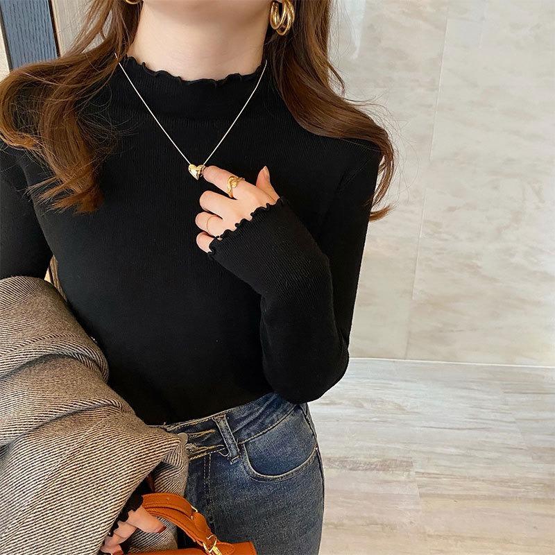 Spring and Autumn New Wooden Ear Edge Semi-turtleneck Sweater Knitted Sweater Top Women's Outer Wear Inner Bottoming Shirt