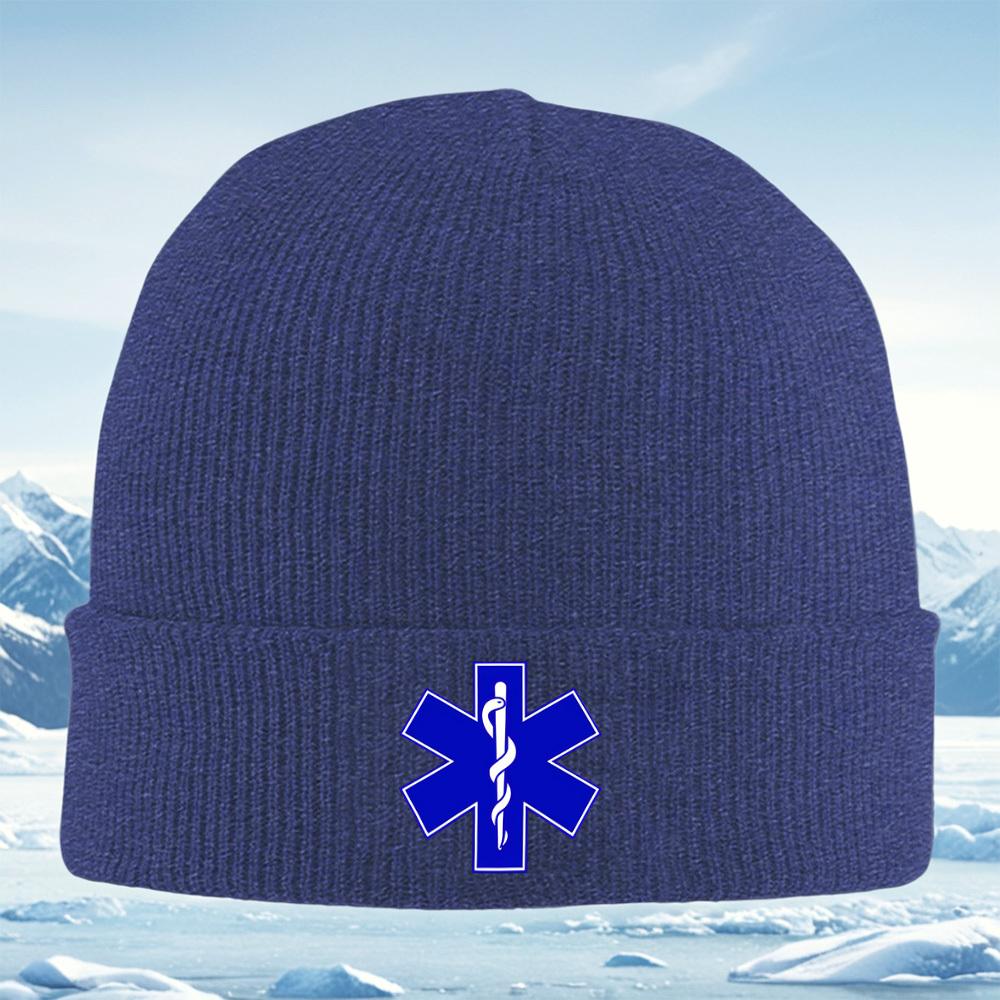 Blue star medical symbol white staff Men Women Unisex Knitted Hat Beanie Pullover Cap Winter Thermal Warm Christmas Outdoor Cycl