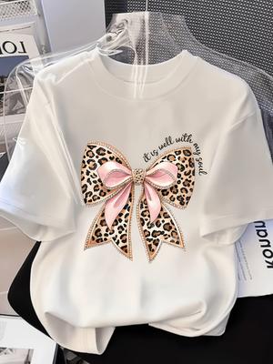 Women's Short Sleeve Round Neck T-shirt, Bow Print, Valentine's Day Christmas Father's Day Gift, Christmas Clothing Design