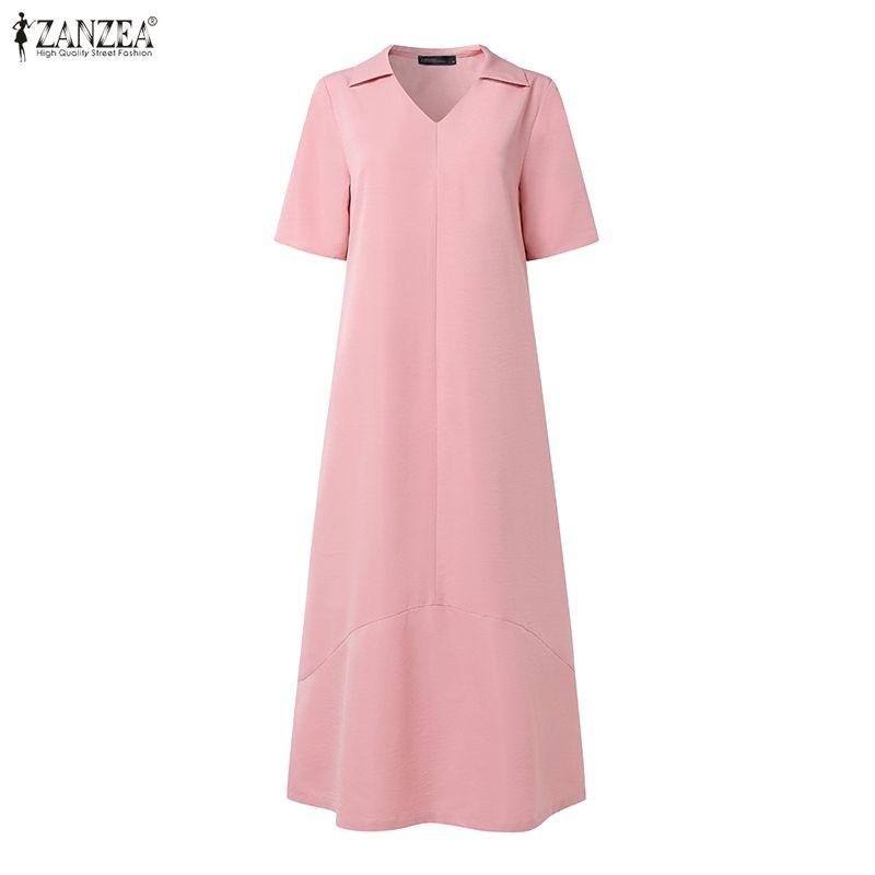 ZANZEA Vestido largo suelto informal de manga corta con cuello vuelto para mujer