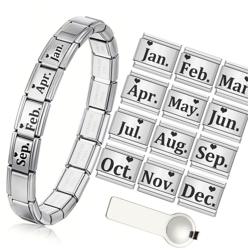 December Birthday Italian Bracelet: Laser Engraved Modular DIY Bangle with English Abbreviation Pattern