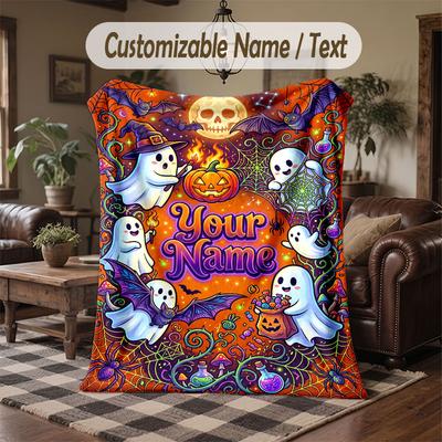 Halloween Theme Throw Blanket Custom Name Text Personalized Blanket Soft Cozy Blanket for Home Sofa Bed