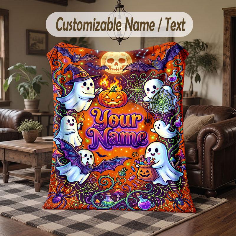 Halloween Theme Throw Blanket Custom Name Text Personalized Blanket Soft Cozy Blanket for Home Sofa Bed