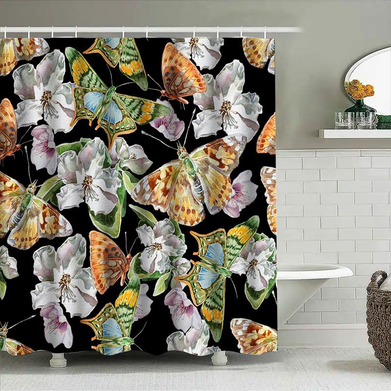 Bathroom Shower Curtain Waterproof Decorative Butterfly Floral Print For Home Decoration Size180X240Cm (Black)